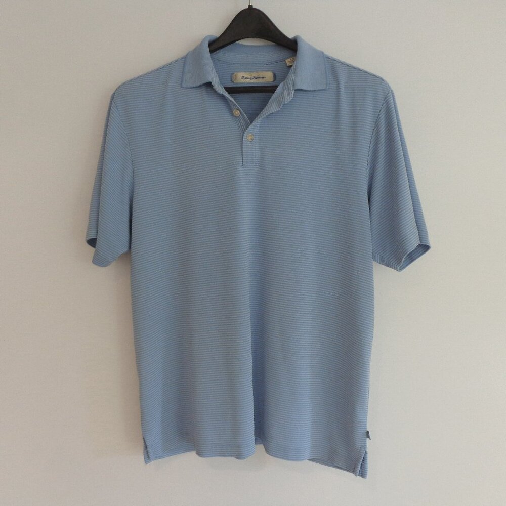 Tommy Bahama Polo Shirt Mens L Blue Striped Modal Blend Short Sleeve Golf Casual
